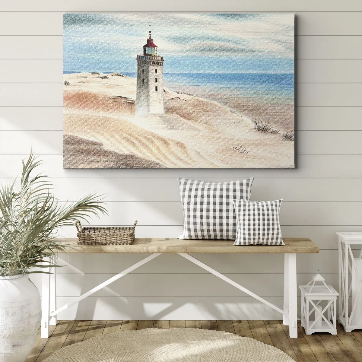 Quadro su tela - Stampe su Tela - Un faro circondato da dune di sabbia e un cielo azzurro - 70x50cm - Sempre guardando il mare - Decorazione murale moderna per soggiorno e camera da letto ARTTOR