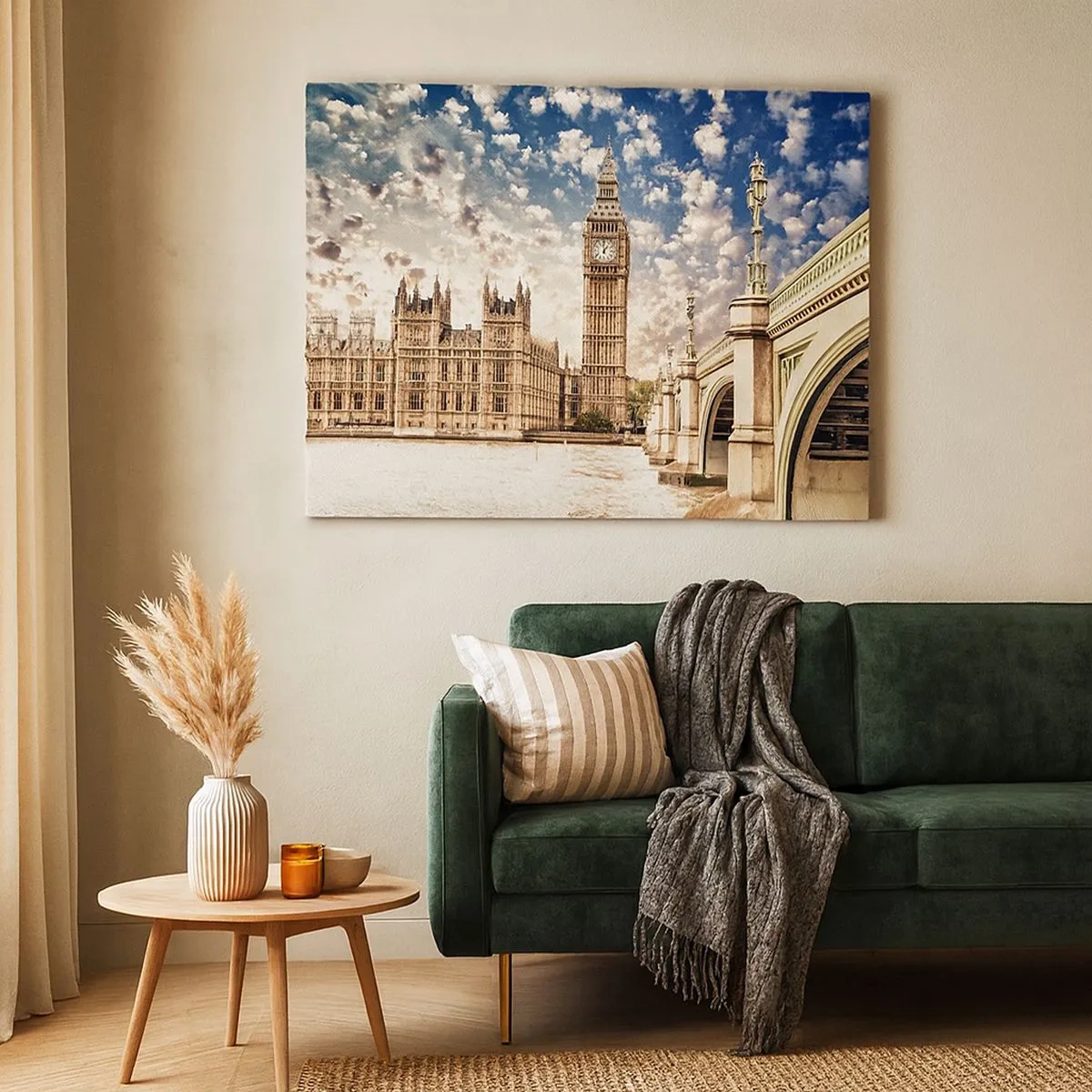 Quadro su tela - Stampe su Tela - Il Big Ben e il ponte di Westminster illuminati dal sole a Londra - 70x50cm - Cirri sul Tamigi - Decorazione murale moderna per soggiorno e camera da letto ARTTOR
