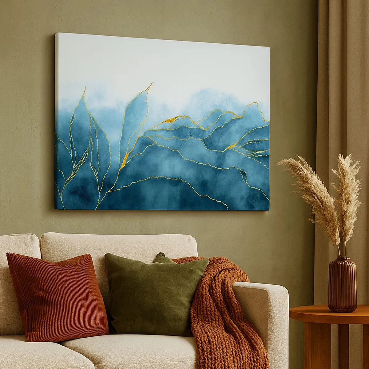 Quadro su tela - Stampe su Tela - Onde astratte nelle tonalità del blu con accenti dorati - 70x50cm - Blu nell'oro - Decorazione murale moderna per soggiorno e camera da letto ARTTOR