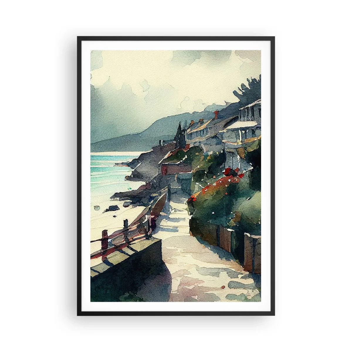 Poster in cornice nera - Cittadina mediterranea - 70x100 cm