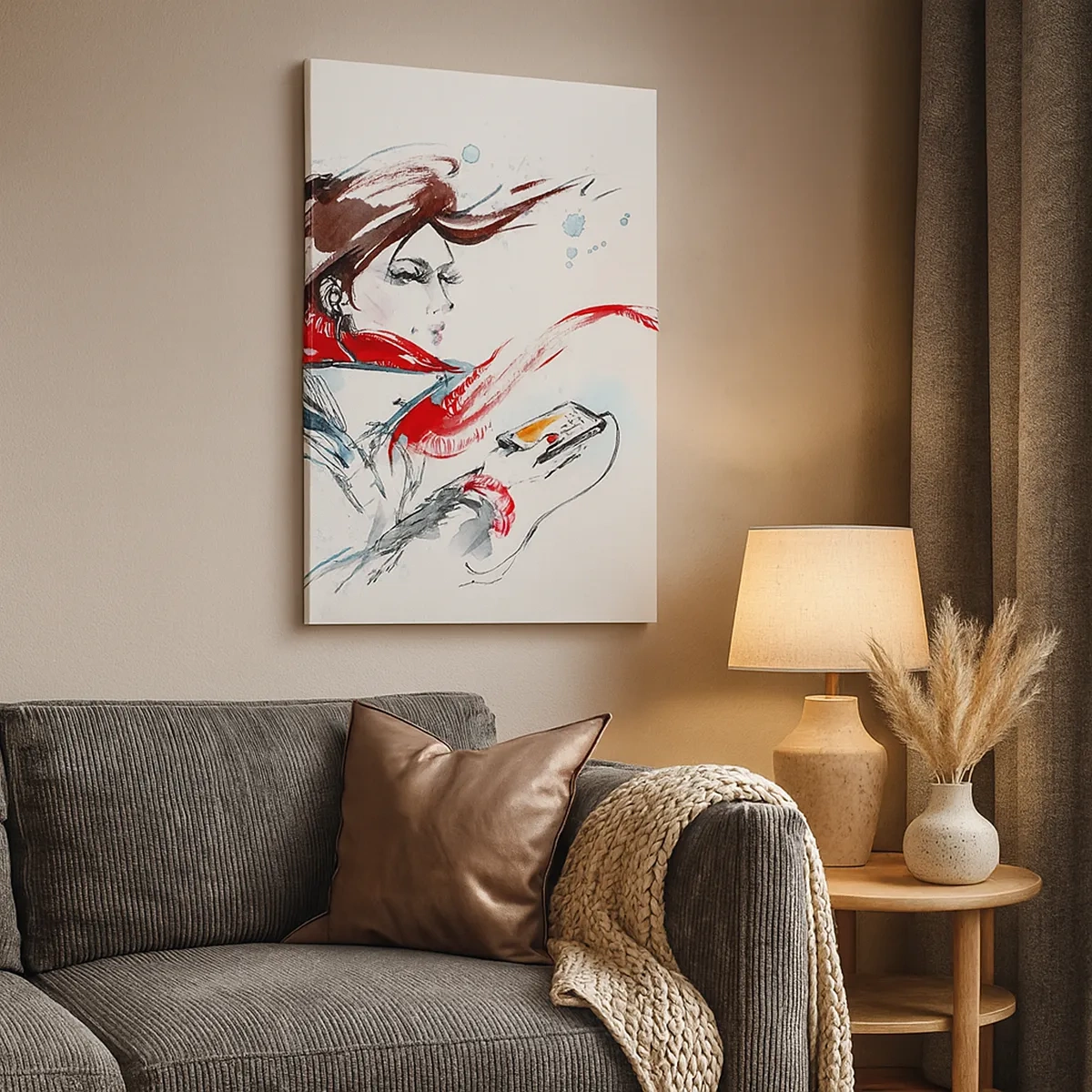 Quadro su tela - Stampe su Tela - Una donna con una sciarpa rossa con pennellate dinamiche ad acquerello - 50x70cm - Sentire la musica dentro - Decorazione murale moderna per soggiorno e camera da letto ARTTOR