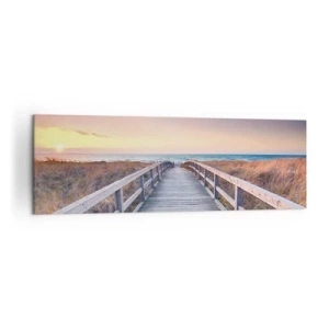 Quadro su tela - Stampe su Tela - Un molo di legno che conduce alla spiaggia al tramonto, con il cielo dipinto di colori pastello. - 160x50cm - Aurora serale baltica - Decorazione murale moderna per soggiorno e camera da letto ARTTOR