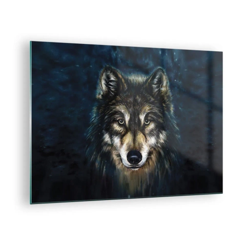 Quadro su vetro - Un lupo su uno sfondo scuro, come una foresta, in stile realistico. - 70x50cm - Alfa? E omega - Decorazione murale moderna per soggiorno e camera da letto ARTTOR