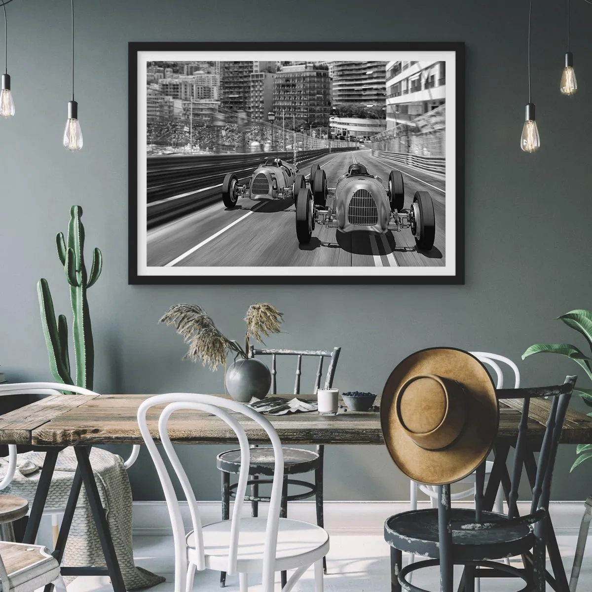 Poster in cornice nera - Scena di gara automobilistica retrò monocromatica - 100x70cm - Tanto tempo fa a Montecarlo - Decorazione murale moderna per soggiorno e camera da letto ARTTOR