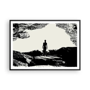 Poster in cornice nera - Silhouette in bianco e nero di una donna in una grotta contro il cielo - 100x70cm - Un nuovo sguardo - Decorazione murale moderna per soggiorno e camera da letto ARTTOR