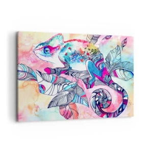 Quadro su tela - Stampe su Tela - Camaleonte colorato su sfondo di foglie astratte - 120x80cm - Il nostro mondo colorato - Decorazione murale moderna per soggiorno e camera da letto ARTTOR