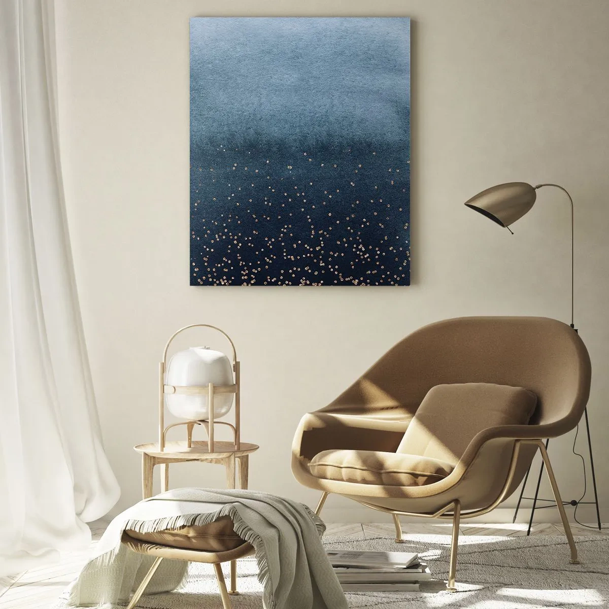 Quadro su vetro - Sfumature blu navy con piccoli puntini dorati - 50x70cm - Composizione: fasi blu - Decorazione murale moderna per soggiorno e camera da letto ARTTOR