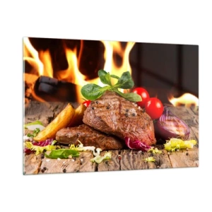 Quadro su vetro - Bistecca alla griglia con verdure sullo sfondo delle fiamme - 120x80cm - Incantate dal fuoco - Decorazione murale moderna per soggiorno e camera da letto ARTTOR