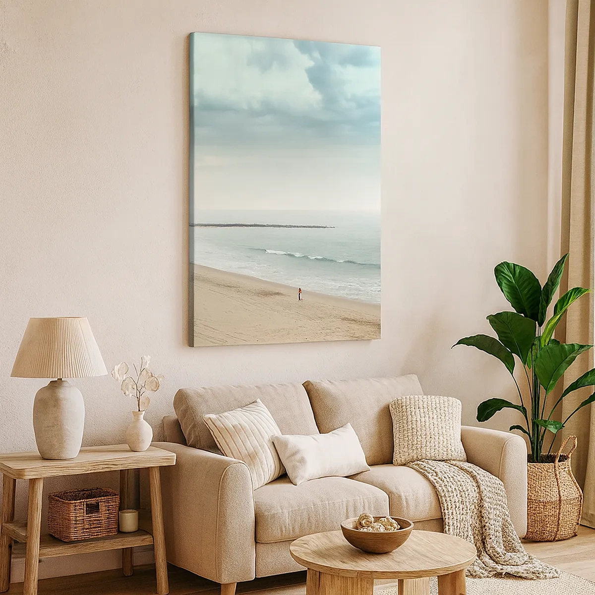 Quadro su tela - Stampe su Tela - Una figura solitaria su una spiaggia deserta in riva al mare calmo - 50x70cm - Cercando la pace - Decorazione murale moderna per soggiorno e camera da letto ARTTOR