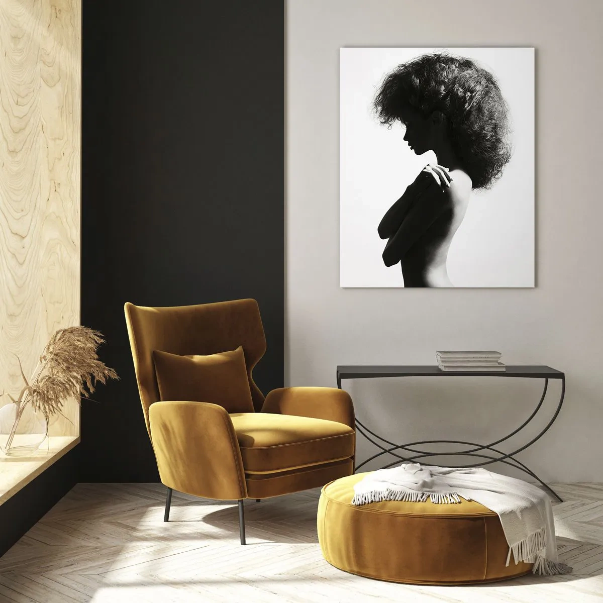 Quadro su vetro - Una sottile silhouette di una donna in tonalità di bianco e nero su uno sfondo chiaro - 70x100cm - Come un fiore su un gambo snello - Decorazione murale moderna per soggiorno e camera da letto ARTTOR