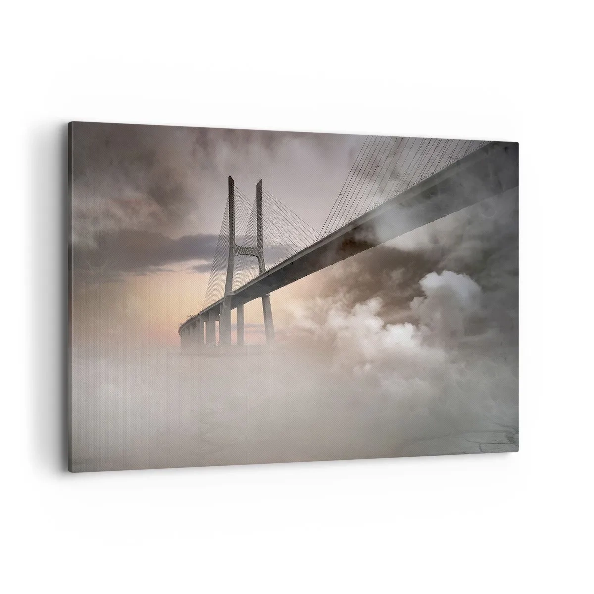 Quadro su tela - Stampe su Tela - Un ponte sopra un fiume circondato dalla nebbia al mattino - 120x80cm - Sul fiume che non c'è - Decorazione murale moderna per soggiorno e camera da letto ARTTOR