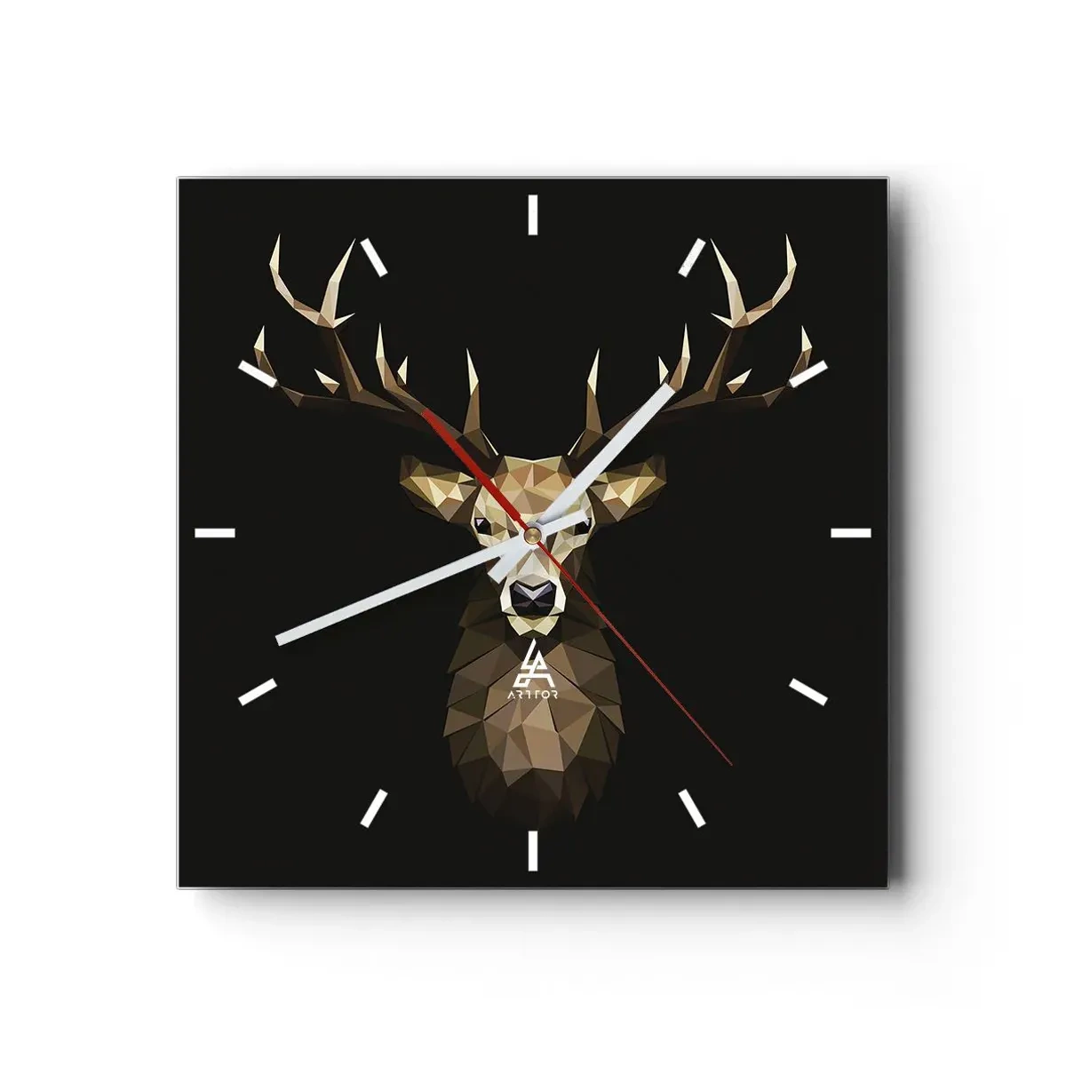 Orologio da parete - Orologio in Vetro - Cervo poligonale geometrico su sfondo nero - 30x30cm - Cervo cubista - Decorazione murale moderna per soggiorno e camera da letto ARTTOR