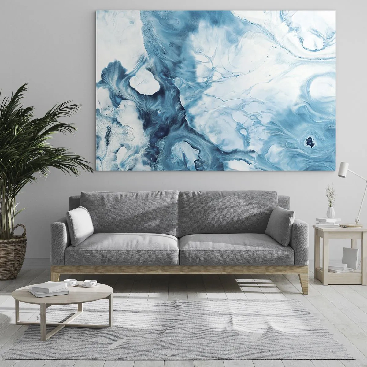 Quadro su vetro - Composizione astratta nei toni del blu e del bianco - 100x70cm - Concerto di blu - Decorazione murale moderna per soggiorno e camera da letto ARTTOR