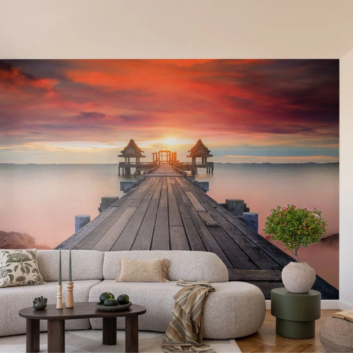 Fotomurale su misura Premium Canvas - Tramonto d'oriente - Paesaggio, Molo di legno, Mare