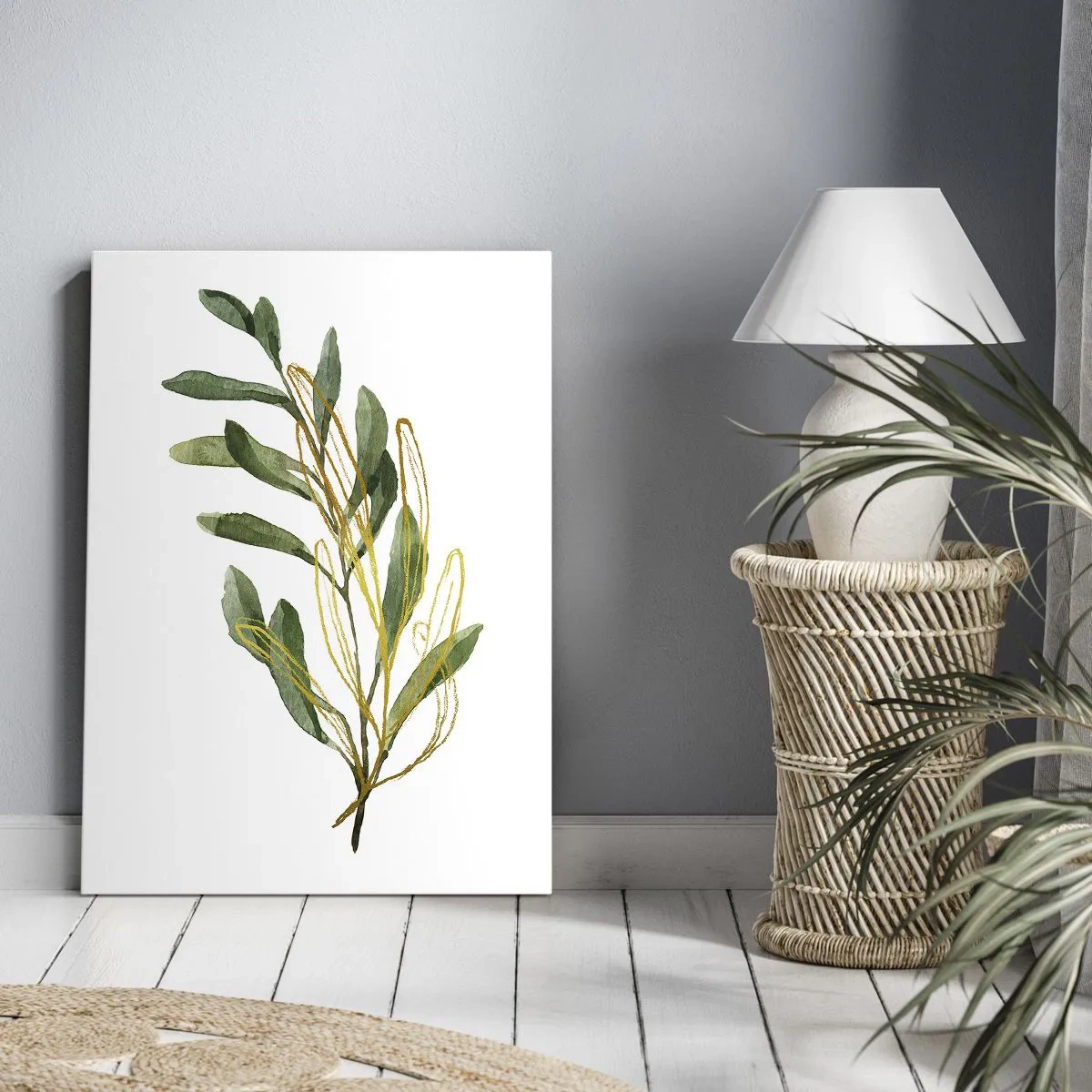 Quadro su tela - Stampe su Tela - Ramo verde con foglie su sfondo bianco - 50x70cm - Tutto ciò che è buono - Decorazione murale moderna per soggiorno e camera da letto ARTTOR