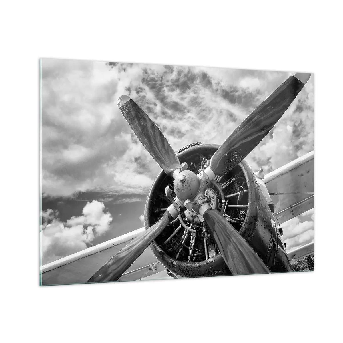 Quadro su vetro - Primo piano dell'elica di un aereo in bianco e nero. - 100x70cm - Il dominatore dell'aria - Decorazione murale moderna per soggiorno e camera da letto ARTTOR