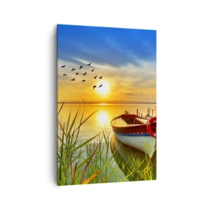 Quadro su tela - Stampe su Tela - Una barca sulla riva di un lago al tramonto - 70x100cm - I cormorano volano già via - Decorazione murale moderna per soggiorno e camera da letto ARTTOR