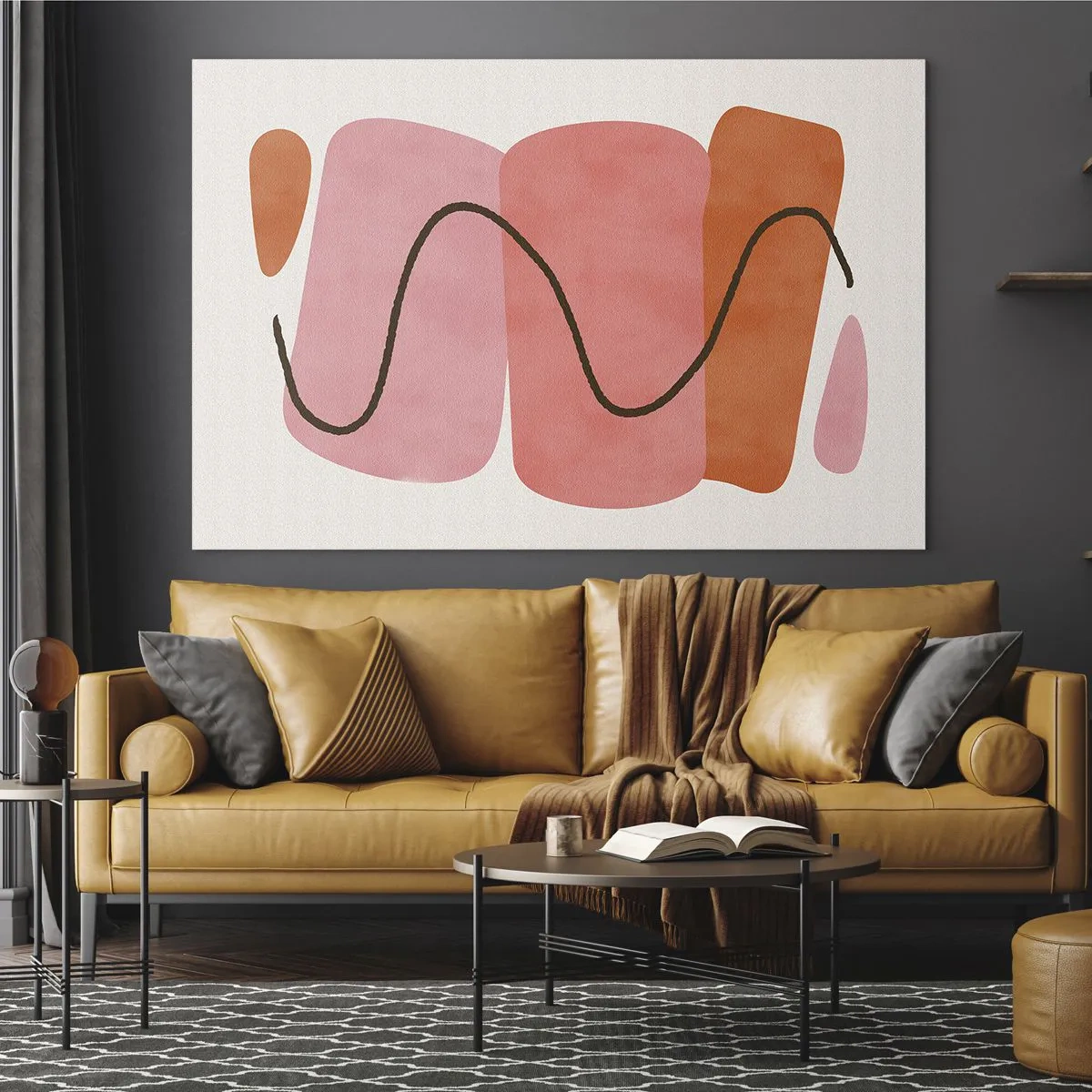 Quadro su vetro - Forme astratte in rosa e arancione con una linea nera - 70x50cm - Il delicato movimento delle forme - Decorazione murale moderna per soggiorno e camera da letto ARTTOR