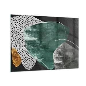 Quadro su vetro - Forme verdi con sfondo nero e accenti dorati - 70x50cm - Astrazione colorata con petalo d'oro - Decorazione murale moderna per soggiorno e camera da letto ARTTOR