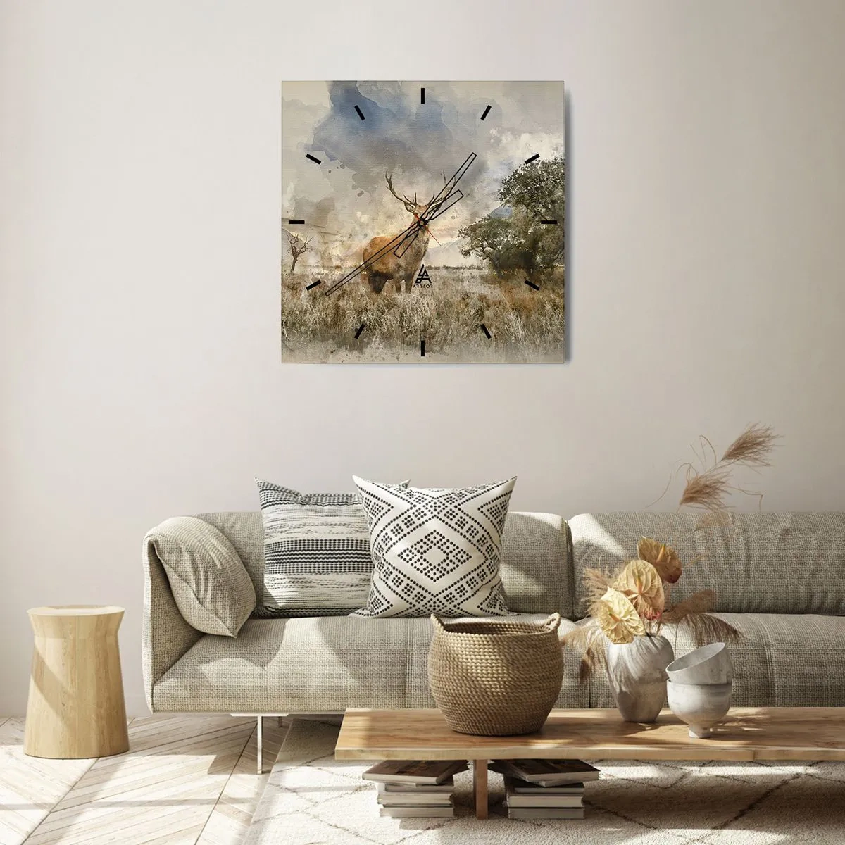 Orologio da parete - Orologio in Vetro - Un cervo in un ambiente naturale in stile acquerello - 30x30cm - Dignità - forza - maestosità - Decorazione murale moderna per soggiorno e camera da letto ARTTOR