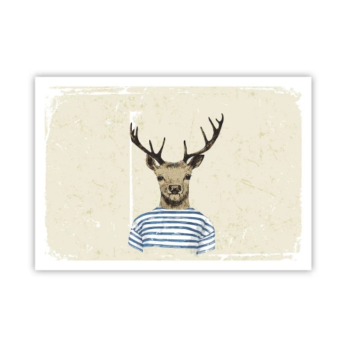 Poster - Un cervo con una camicia a righe su uno sfondo chiaro con una trama delicata - 100x70cm - Mi piacciono le camicie a righe! - Decorazione murale moderna per soggiorno e camera da letto ARTTOR