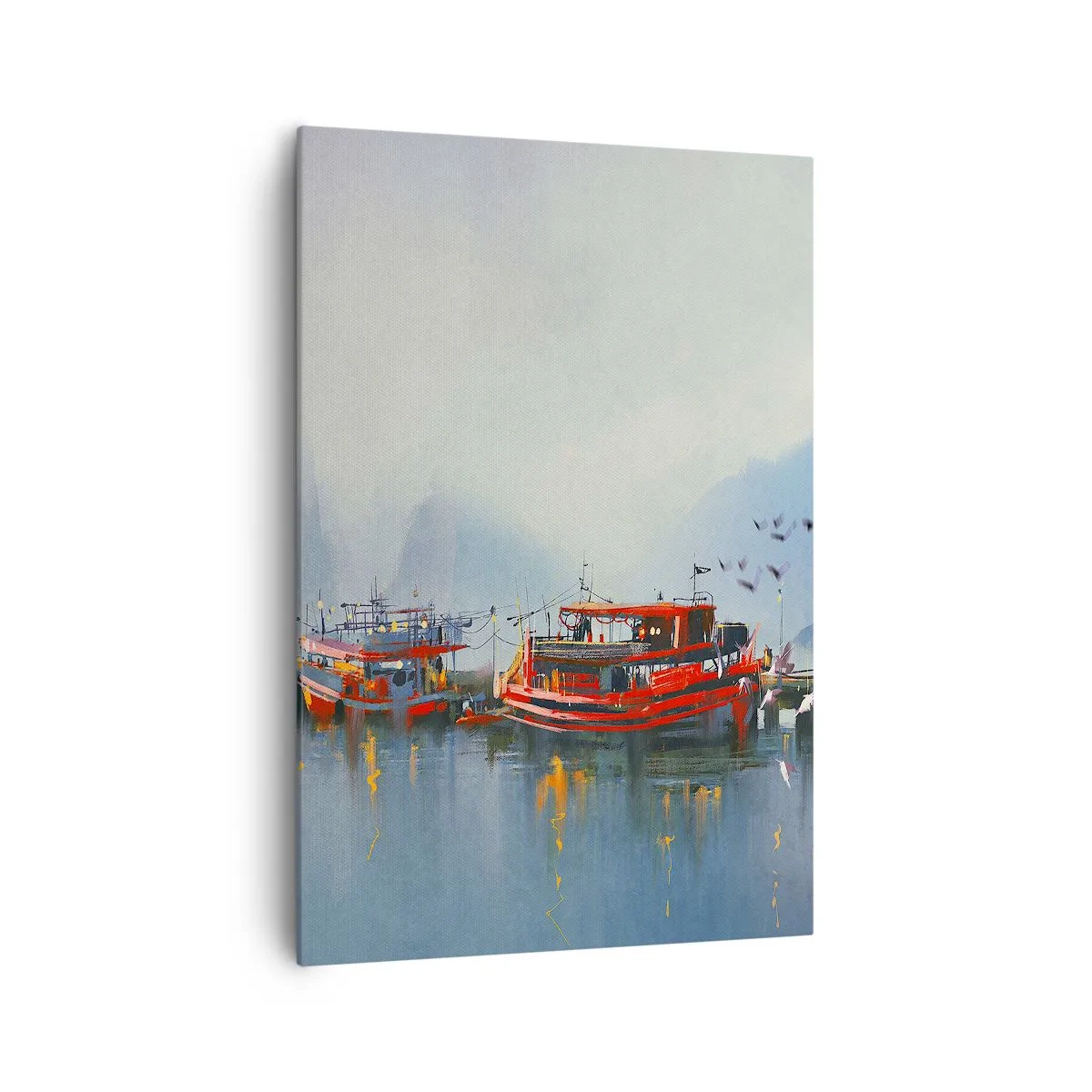 Quadro su tela - Stampe su Tela - Un porto con barche rosse circondato da un paesaggio nebbioso - 70x100cm - Alla fine del mondo - Decorazione murale moderna per soggiorno e camera da letto ARTTOR