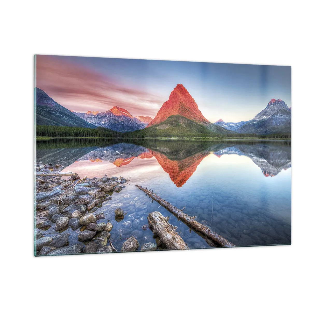 Quadro su vetro - Una cima di montagna riflessa in un lago calmo - 120x80cm - Caldo e freddo - Decorazione murale moderna per soggiorno e camera da letto ARTTOR