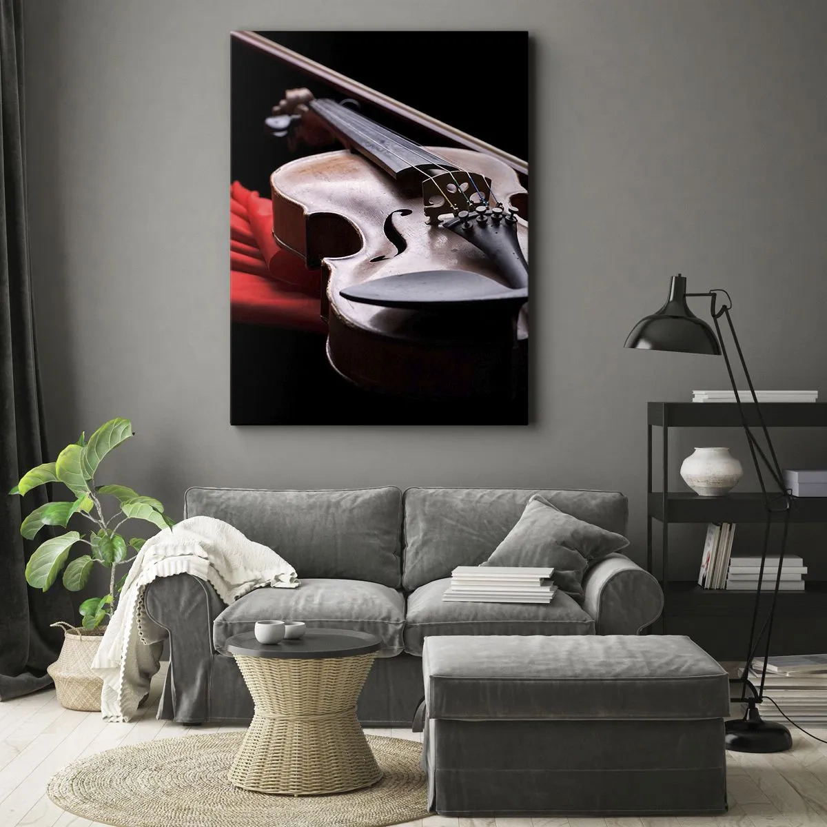 Quadro su tela - Stampe su Tela - Violino su tessuto rosso con sfondo nero - 50x70cm - La musica dei sentimenti - Decorazione murale moderna per soggiorno e camera da letto ARTTOR