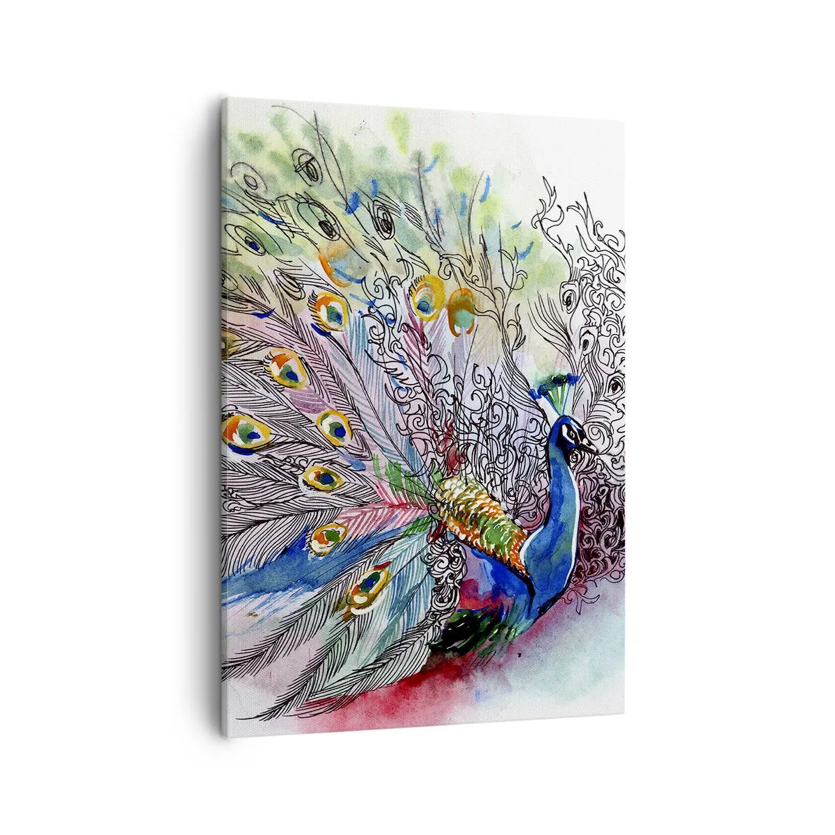 Quadro su tela - Stampe su Tela - Un pavone in uno stile acquerello colorato con piume astratte - 50x70cm - Con orgoglio contro il grigio - Decorazione murale moderna per soggiorno e camera da letto ARTTOR