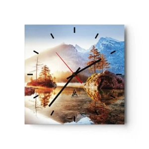 Orologio da parete - Orologio in Vetro - Un lago con isole e montagne sullo sfondo all'alba - 30x30cm - La natura in una nuova luce - Decorazione murale moderna per soggiorno e camera da letto ARTTOR