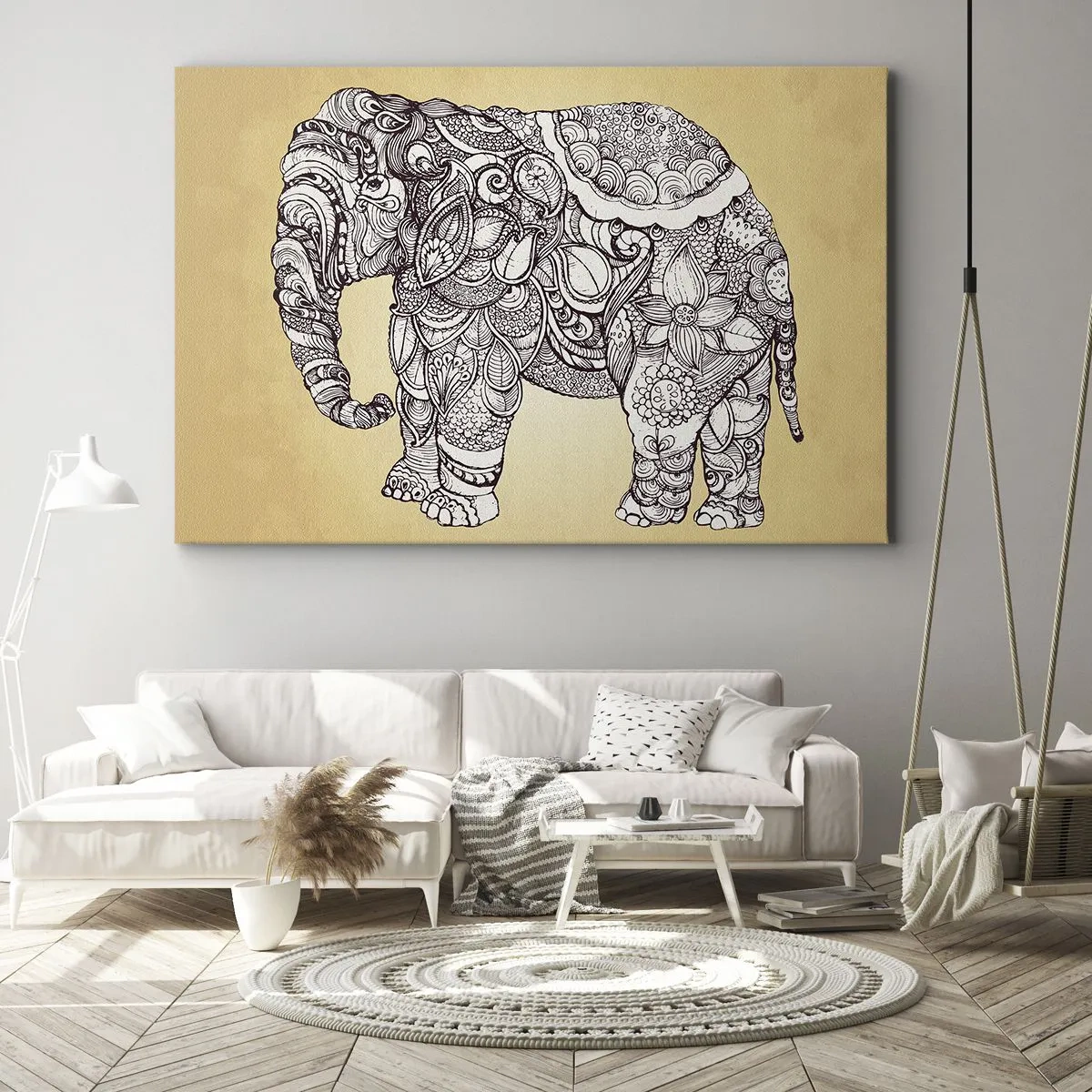 Quadro su tela - Stampe su Tela - Elefante disegnato a mano con motivo ornamentale su sfondo beige - 120x80cm - L'elefante nascosto - Decorazione murale moderna per soggiorno e camera da letto ARTTOR