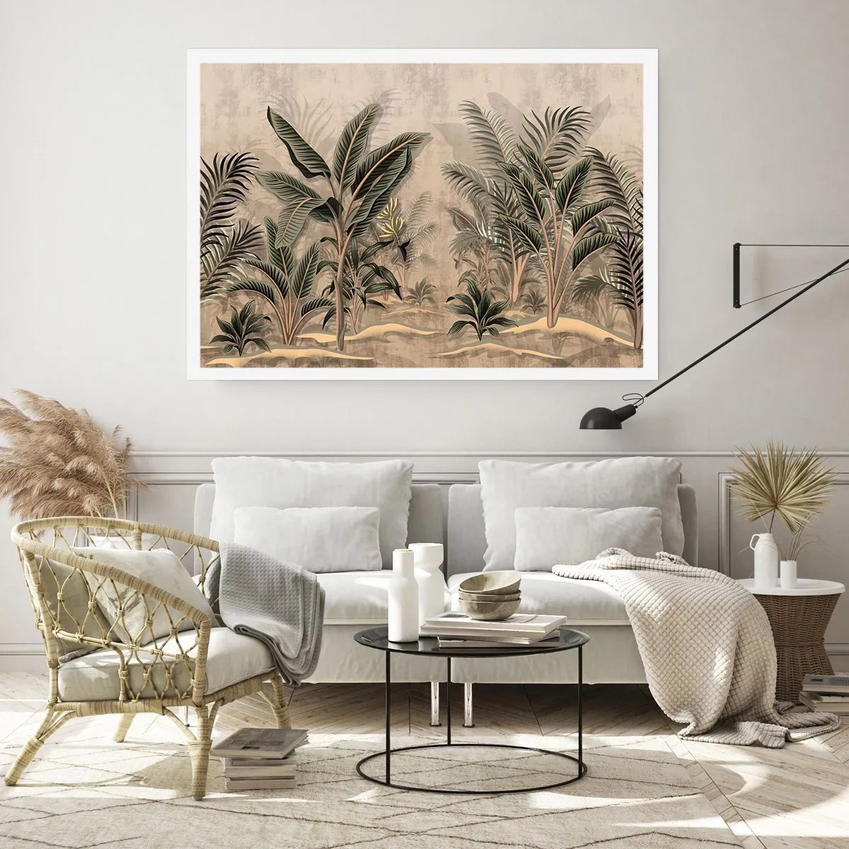 Poster - Palme e vegetazione tropicale nei toni del verde su sfondo beige - 100x70cm - Incisione in stile coloniale - Decorazione murale moderna per soggiorno e camera da letto ARTTOR