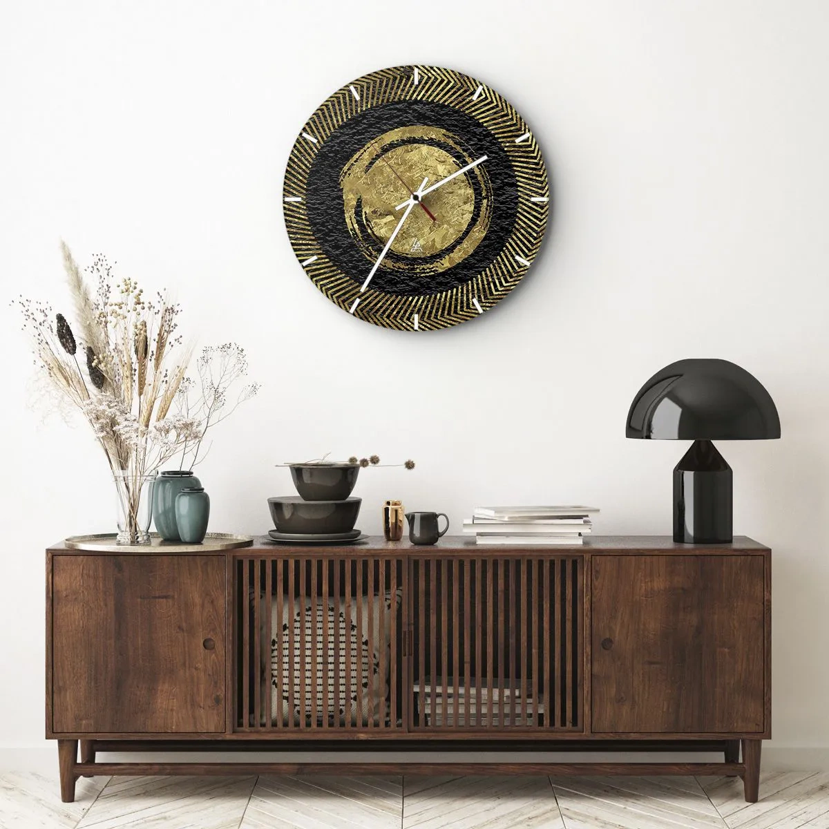Orologio da parete - Orologio in Vetro - Motivi geometrici dorati su sfondo nero in uno stile glamour - 30x30cm - Composizione glamour - Decorazione murale moderna per soggiorno, cucina e camera da letto ARTTOR
