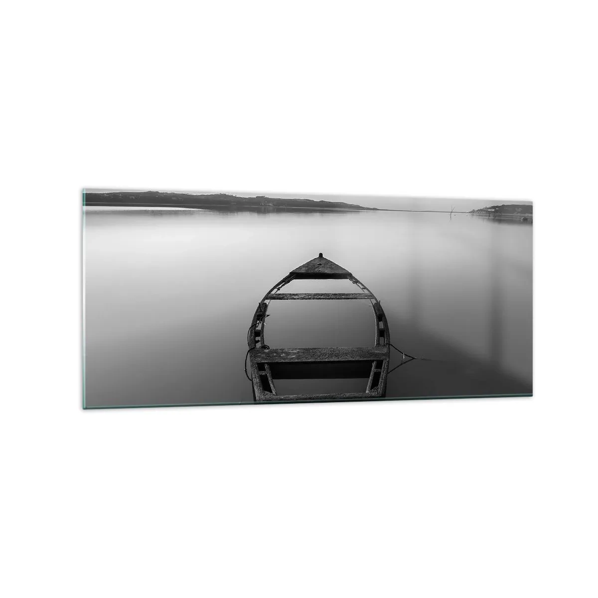 Quadro su vetro - Una barca solitaria su un lago calmo nei toni del bianco e del nero - 120x50cm - Nostalgia e malinconia - Decorazione murale moderna per soggiorno e camera da letto ARTTOR