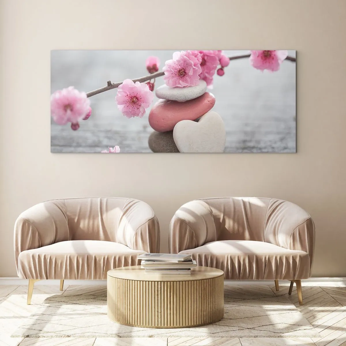 Quadro su vetro - Delicati fiori di ciliegio con pietre a forma di cuore - 120x50cm - Serenità con fiori di ciliegio - Decorazione murale moderna per soggiorno e camera da letto ARTTOR