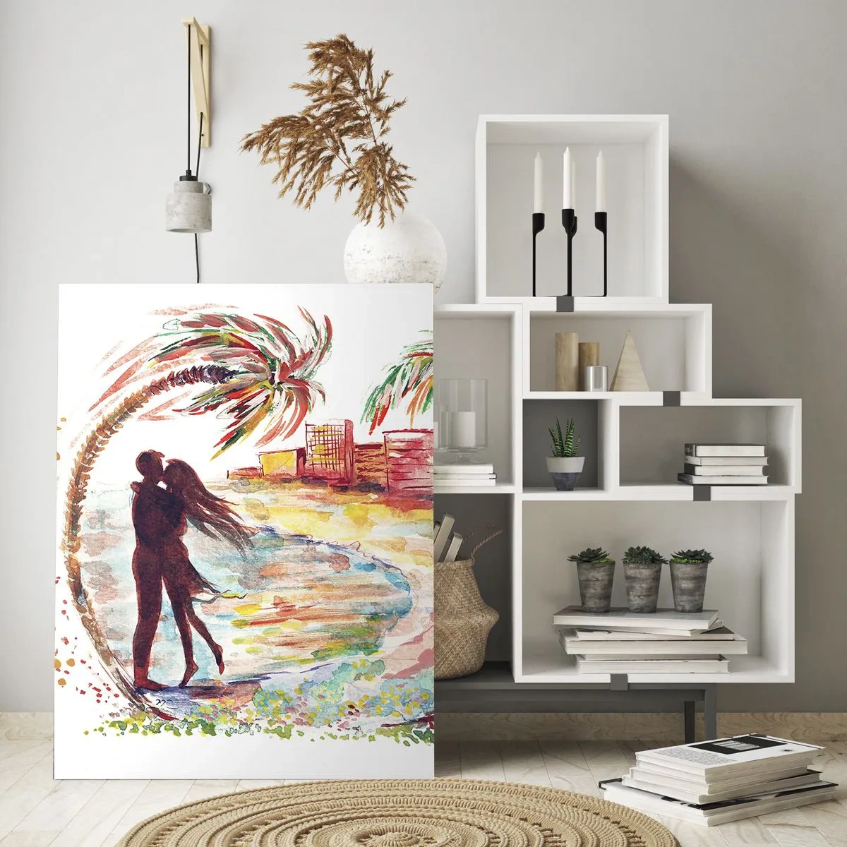 Quadro su vetro - Coppia romantica in un ambiente tropicale con palme - 50x70cm - Vacanze romantiche - Decorazione murale moderna per soggiorno e camera da letto ARTTOR