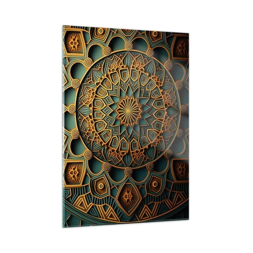 Quadro su vetro - Ornamento in oro e turchese nello stile di un mosaico arabo - 50x70cm - Atmosfera araba - Decorazione murale moderna per soggiorno e camera da letto ARTTOR