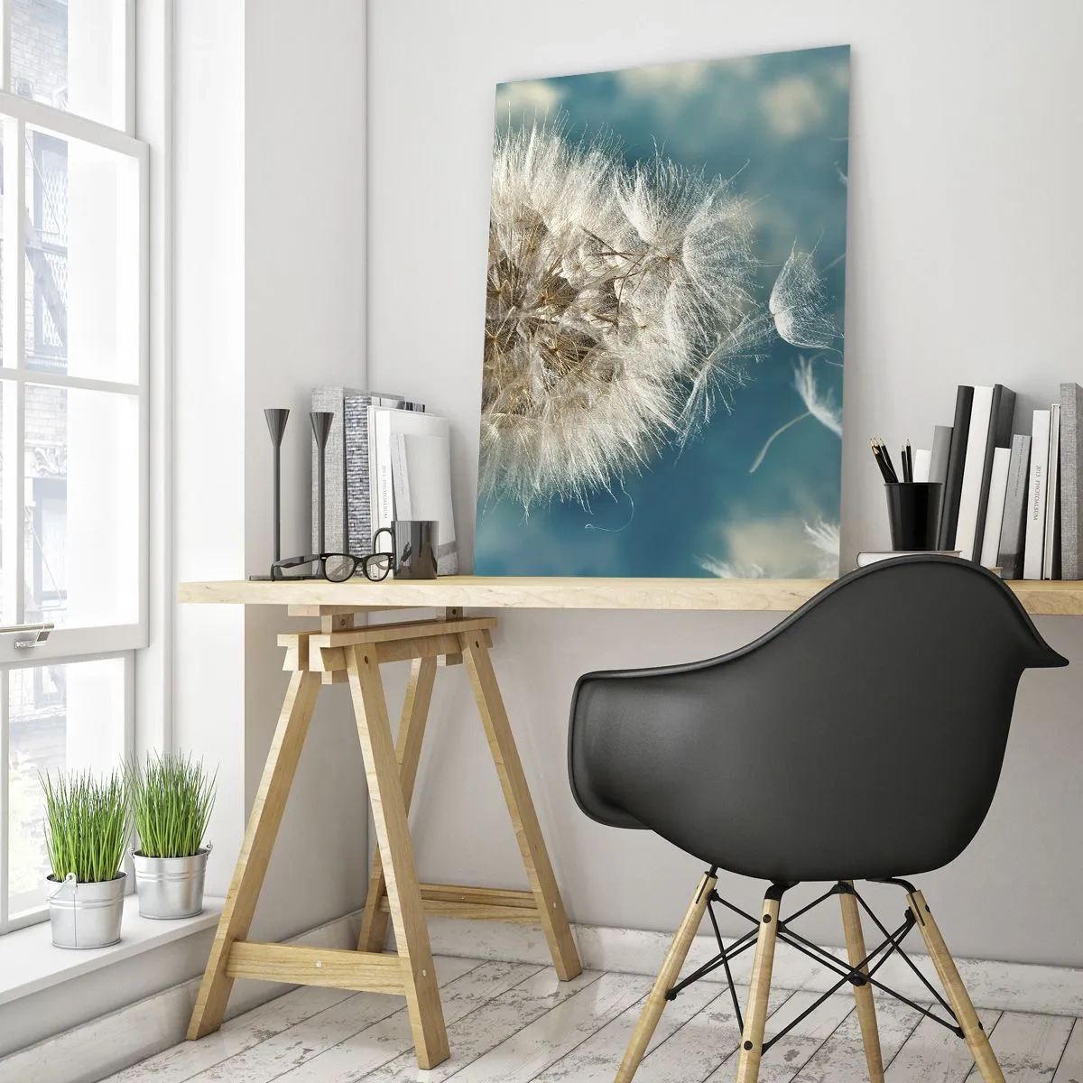 Quadro su vetro - Un delicato dente di leone contro il cielo con semi galleggianti - 50x70cm - Il respiro dell'angelo - Decorazione murale moderna per soggiorno e camera da letto ARTTOR