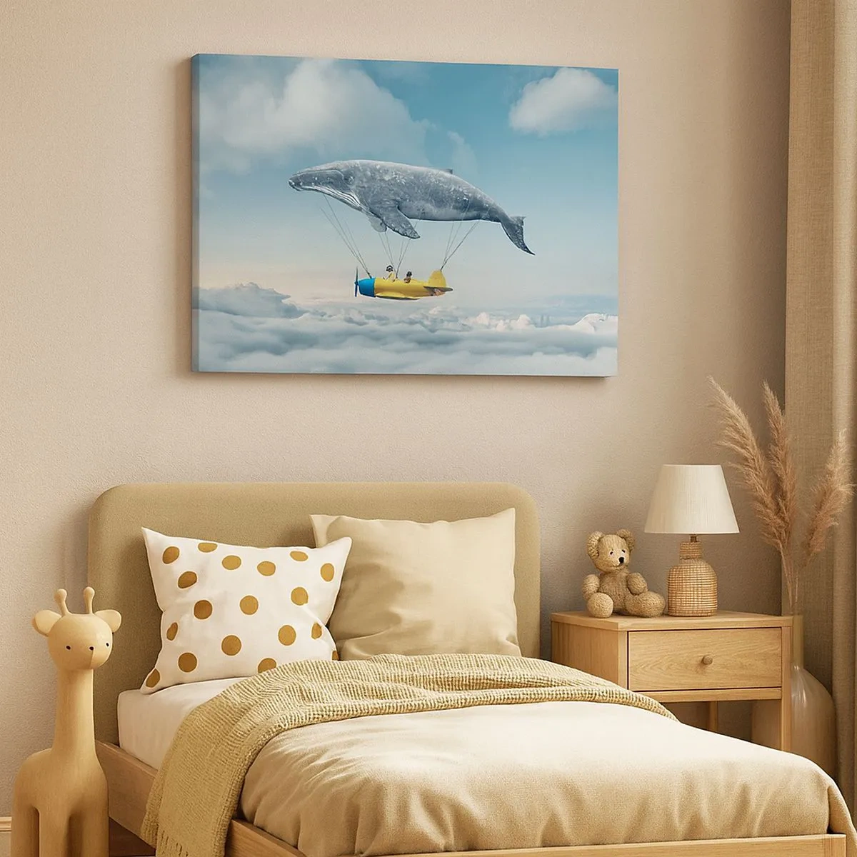 Quadro su tela - Stampe su Tela - Una balena volante trasporta un aereo in un'ambientazione surreale. - 70x50cm - Perché no? - Decorazione murale moderna per soggiorno e camera da letto ARTTOR