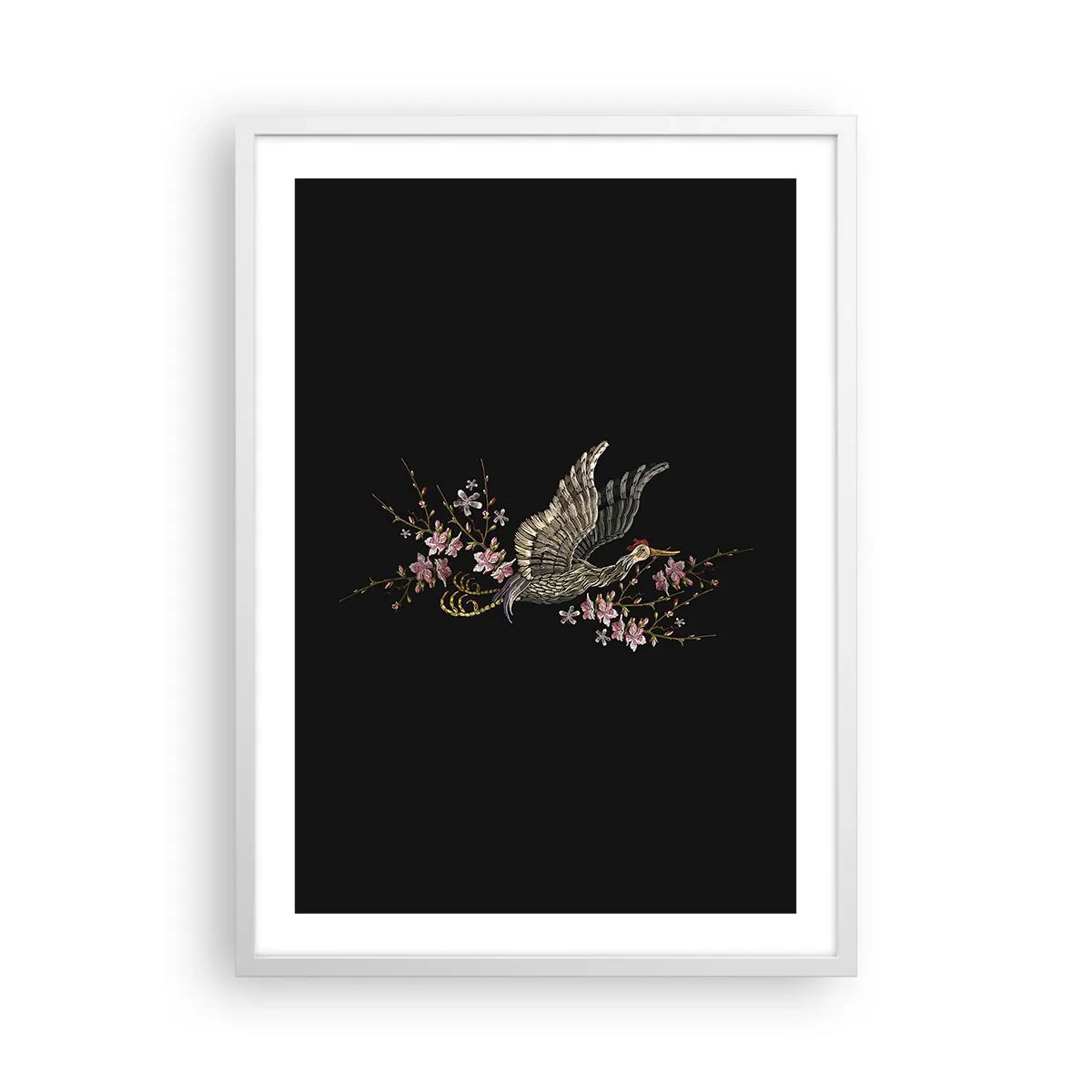 Poster in cornice bianca - Uccello esotico ricamato - 50x70 cm