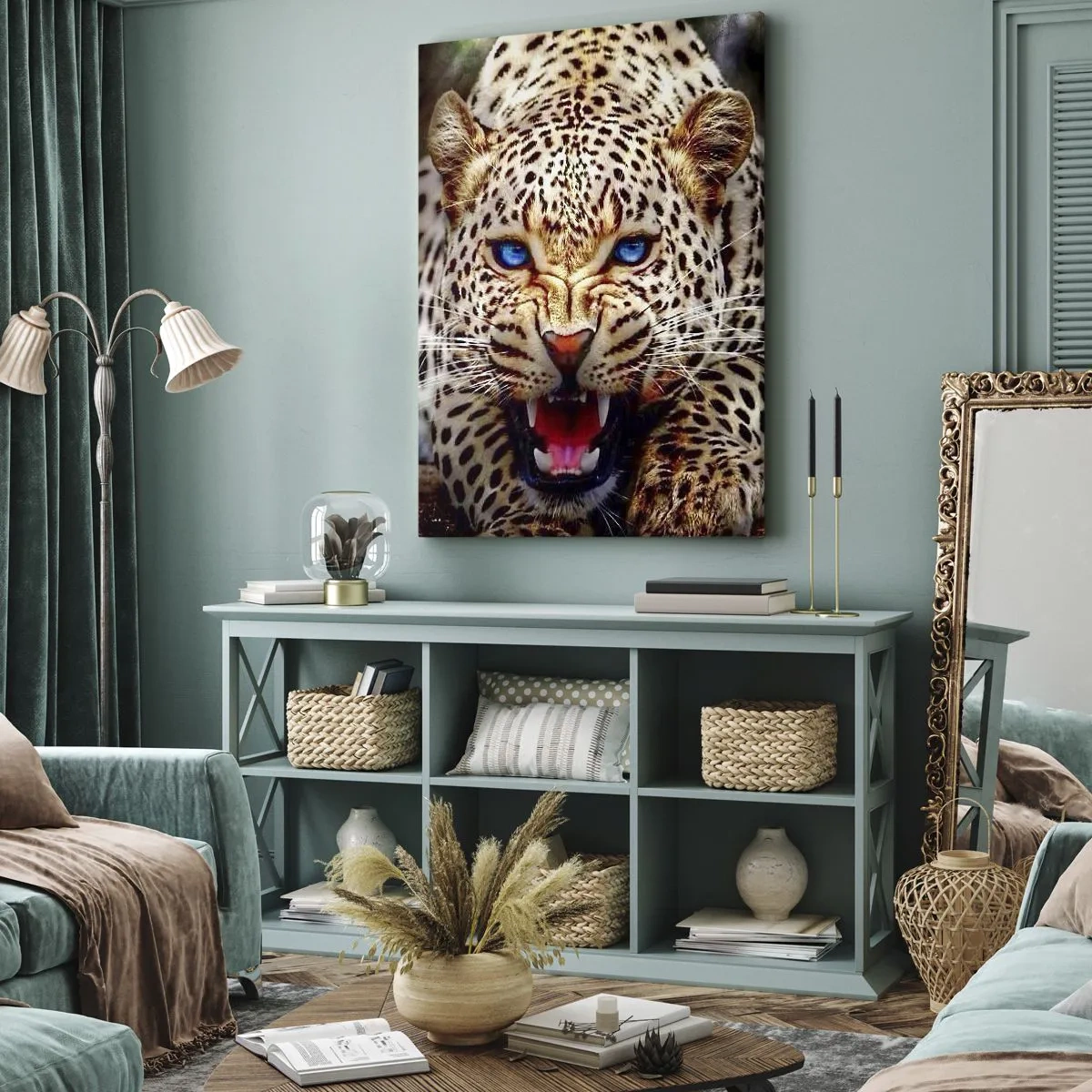 Quadro su tela - Stampe su Tela - Un leopardo minaccioso con intensi occhi blu - 50x70cm - La rabbia non rovina la bellezza - Decorazione murale moderna per soggiorno e camera da letto ARTTOR