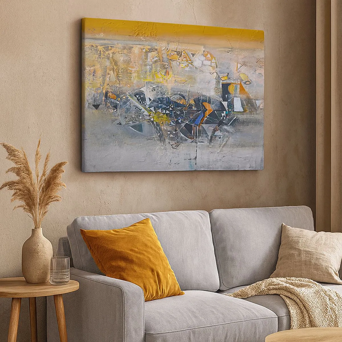 Quadro su tela - Stampe su Tela - Astrazione con tonalità dominanti di giallo e grigio - 70x50cm - Tutto andrà bene - Decorazione murale moderna per soggiorno e camera da letto ARTTOR