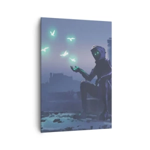 Quadro su tela - Stampe su Tela - Una figura incappucciata con uccelli magici sullo sfondo di una città - 70x100cm - La vita ritorna - Decorazione murale moderna per soggiorno e camera da letto ARTTOR