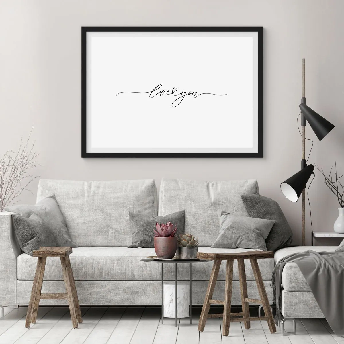 Poster in cornice nera - La scritta "Ti amo" in un carattere elegante - 70x50cm - Bianco e nero - Decorazione murale moderna per soggiorno e camera da letto ARTTOR