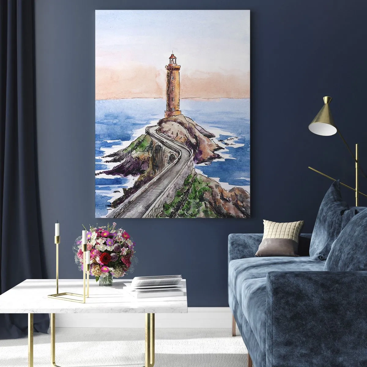 Quadro su vetro - Un faro su un promontorio roccioso circondato da un mare calmo - 50x70cm - Rivolto verso il mare - Decorazione murale moderna per soggiorno e camera da letto ARTTOR