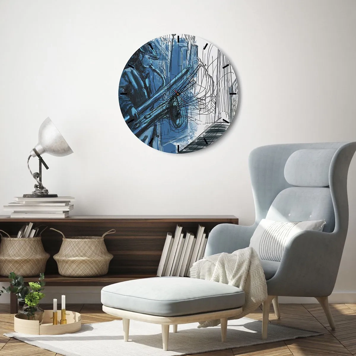 Orologio da parete - Orologio in Vetro - Un musicista jazz in un'interpretazione artistica - 30x30cm - Rapsodia urbana - Decorazione murale moderna per soggiorno, cucina e camera da letto ARTTOR