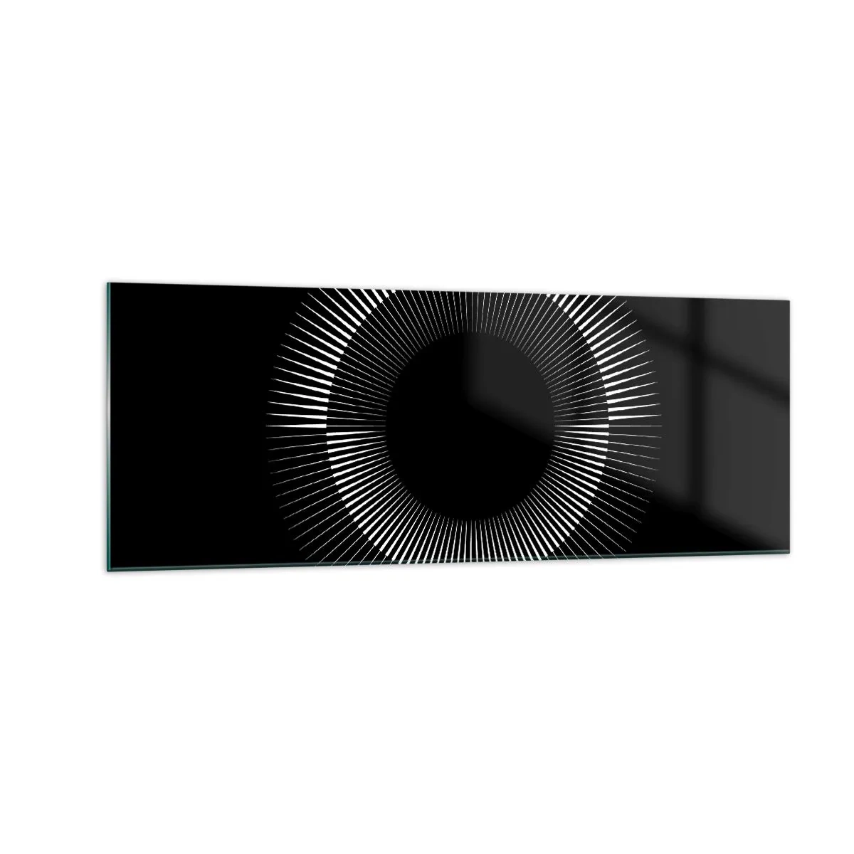 Quadro su vetro - Cerchio grafico con raggi in bianco e nero - 140x50cm - Sole nero - Decorazione murale moderna per soggiorno e camera da letto ARTTOR