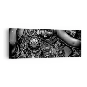 Quadro su tela - Stampe su Tela - Primo piano in bianco e nero dei dettagli meccanici del motore di un'auto. - 140x50cm - La poesia della meccanica - Decorazione murale moderna per soggiorno e camera da letto ARTTOR