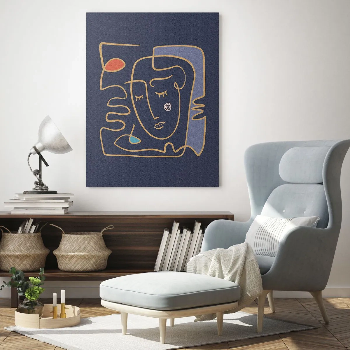 Quadro su vetro - Volto astratto in contorno su sfondo blu navy - 50x70cm - Pensierosa - Decorazione murale moderna per soggiorno e camera da letto ARTTOR