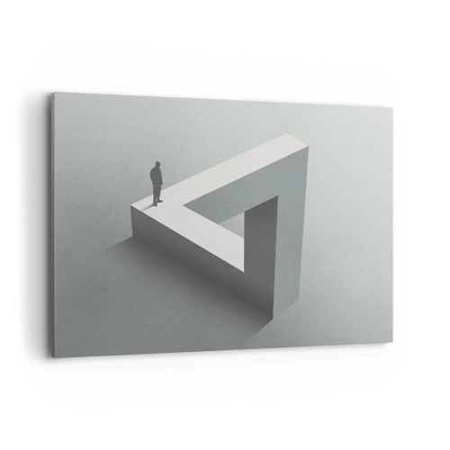 Quadro su tela - Stampe su Tela - Una figura in piedi su un triangolo di Penrose in tonalità di grigio. - 100x70cm - Eppure è possibile - Decorazione murale moderna per soggiorno e camera da letto ARTTOR